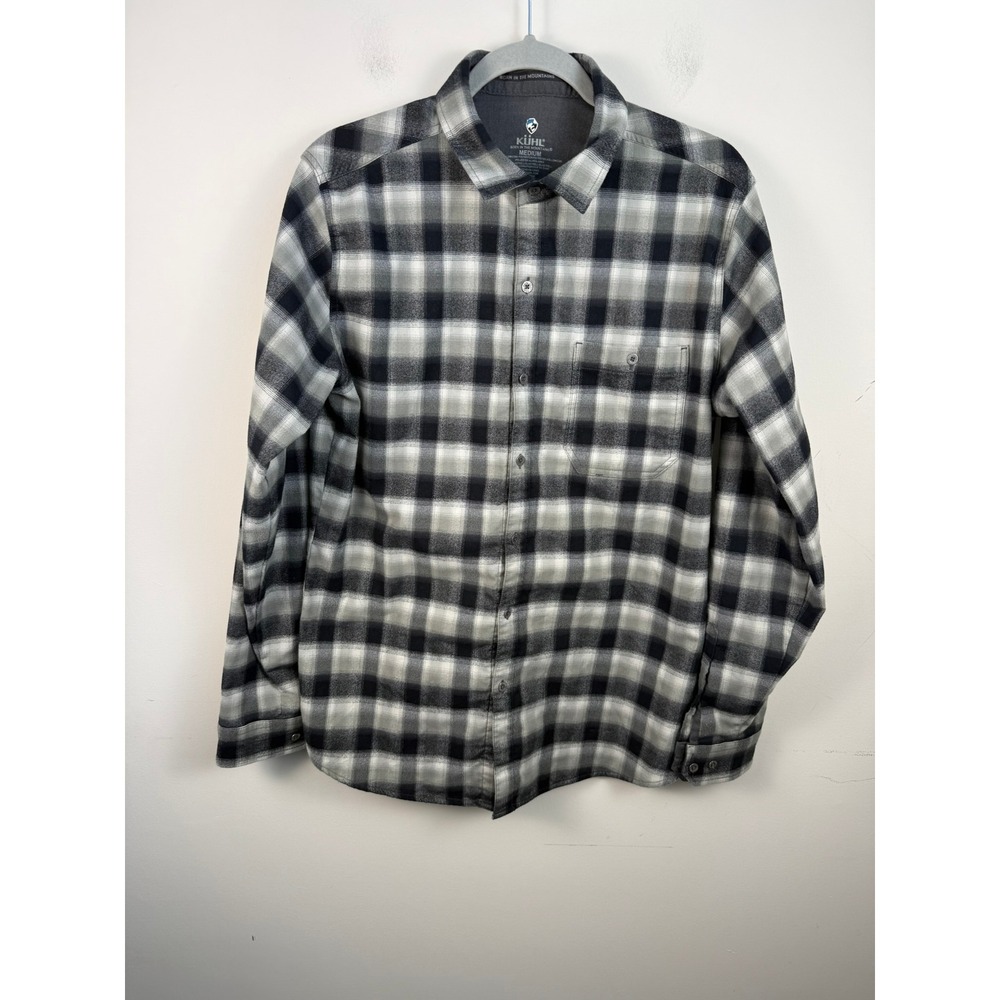 Kuhl Fugitive Flannel Shirt Mens Medium Gray Black Plaid Button Down 7212 18F